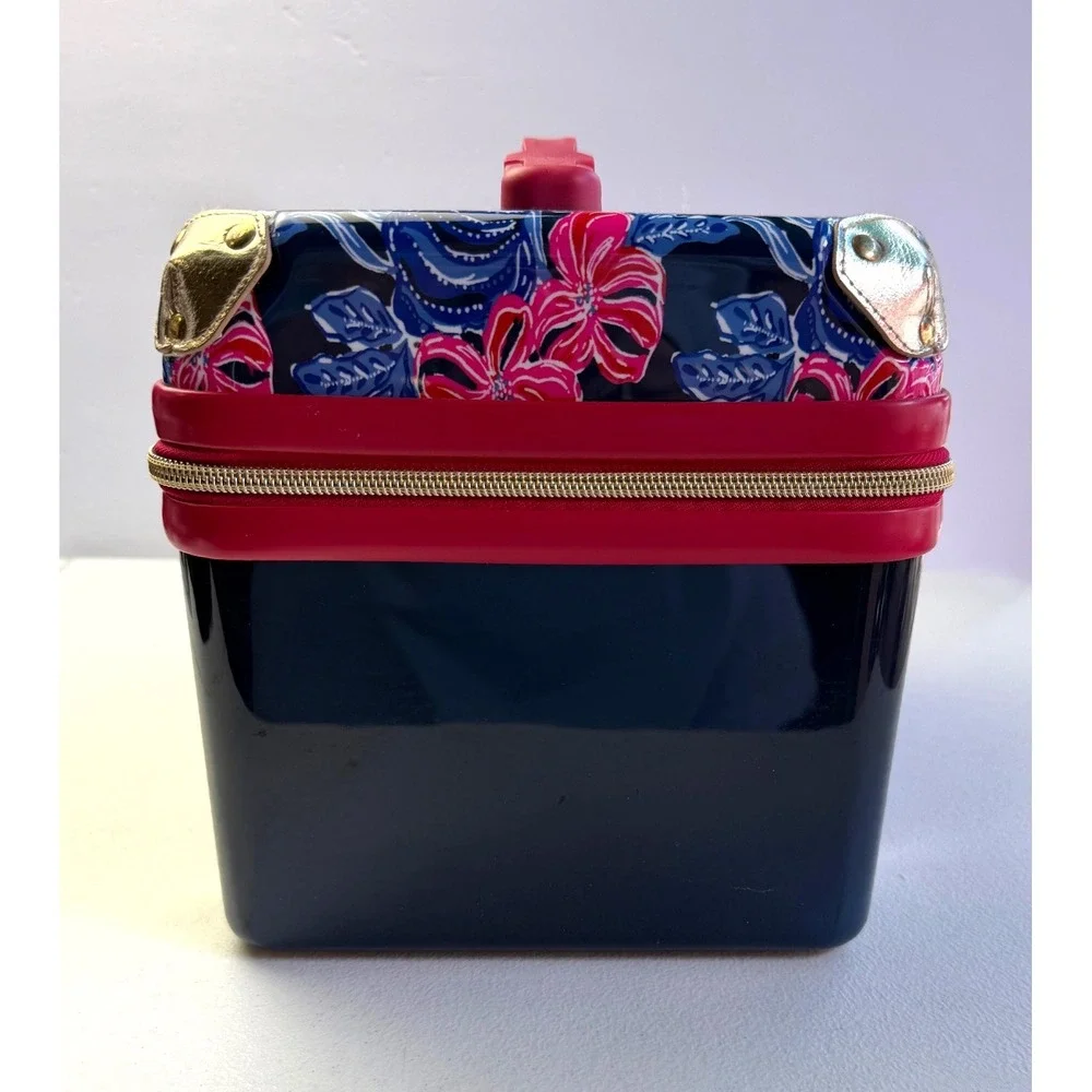 Lilly Pulitzer Hard Shell Train Case Navy Pink Floral Vanity Travel Makeup Bag